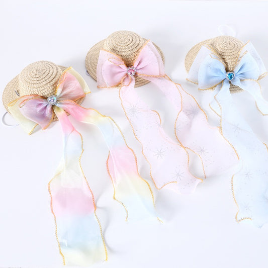 Cat hat 👒 retro straw hats pet dog accessories bow tie