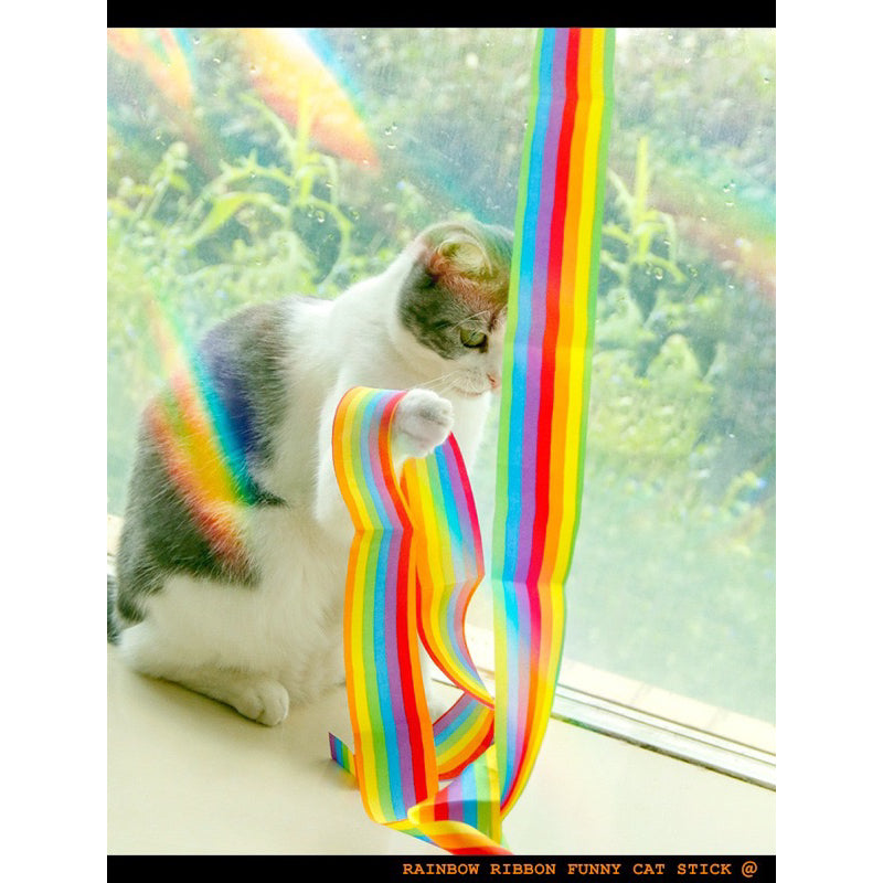 Rainbow Band 2m Long Ribbon Cat Teaser Pet Toy Chaser Wand Wood Stick
