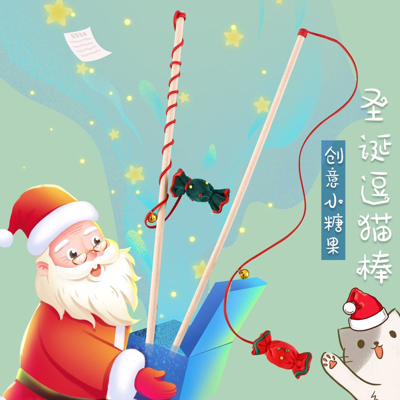Cat Teaser Christmas Candy Wood Stick Wand Chaser Pet Toy