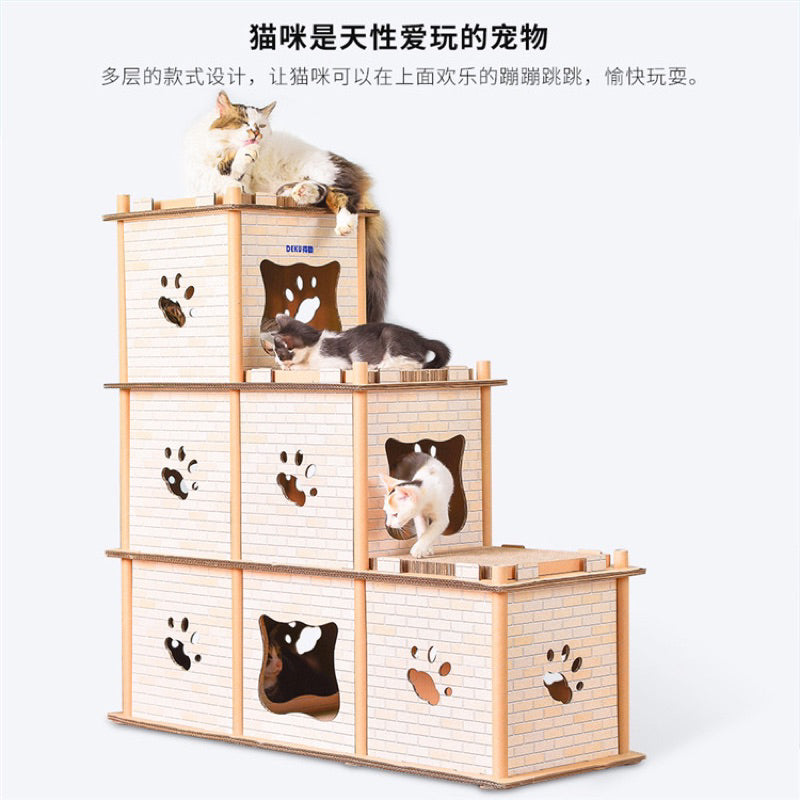 Deku Cardboard Triple Deck Cat House Scratcher Villa Scratch Board Pet Toy