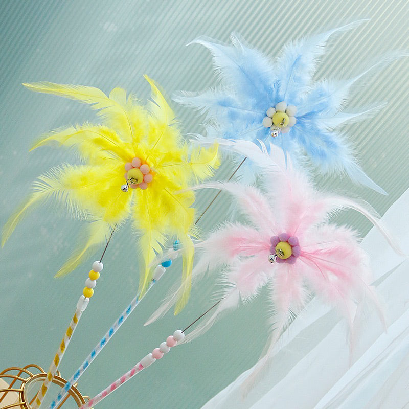 Windmill Cat Teaser with Feather and Tassel Pet Toy Stick Wand Chaser
