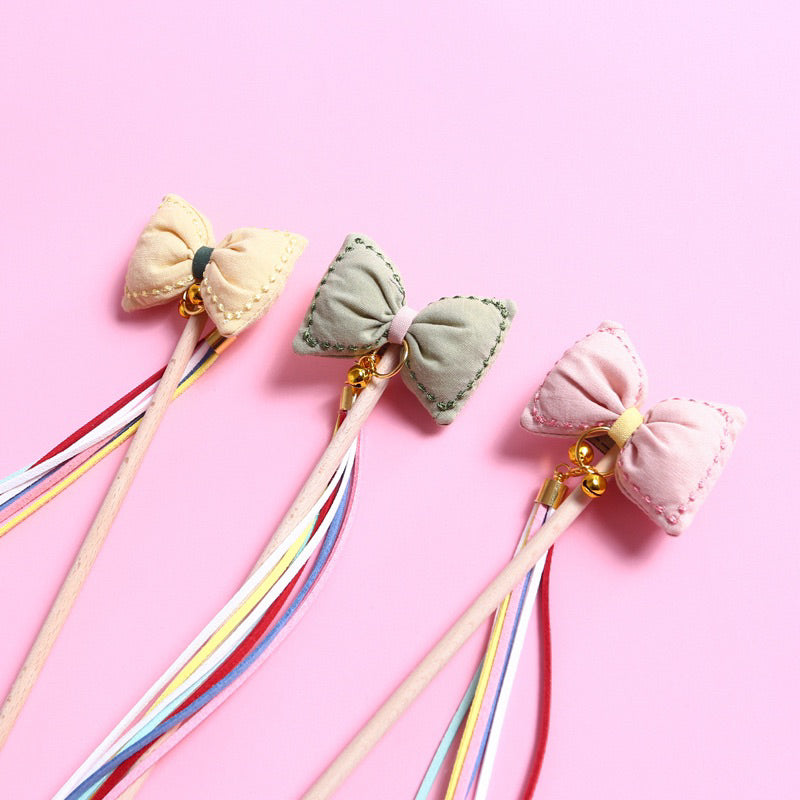 Cat Teaser wand stick chaser hand made wooden bow tie with bell
