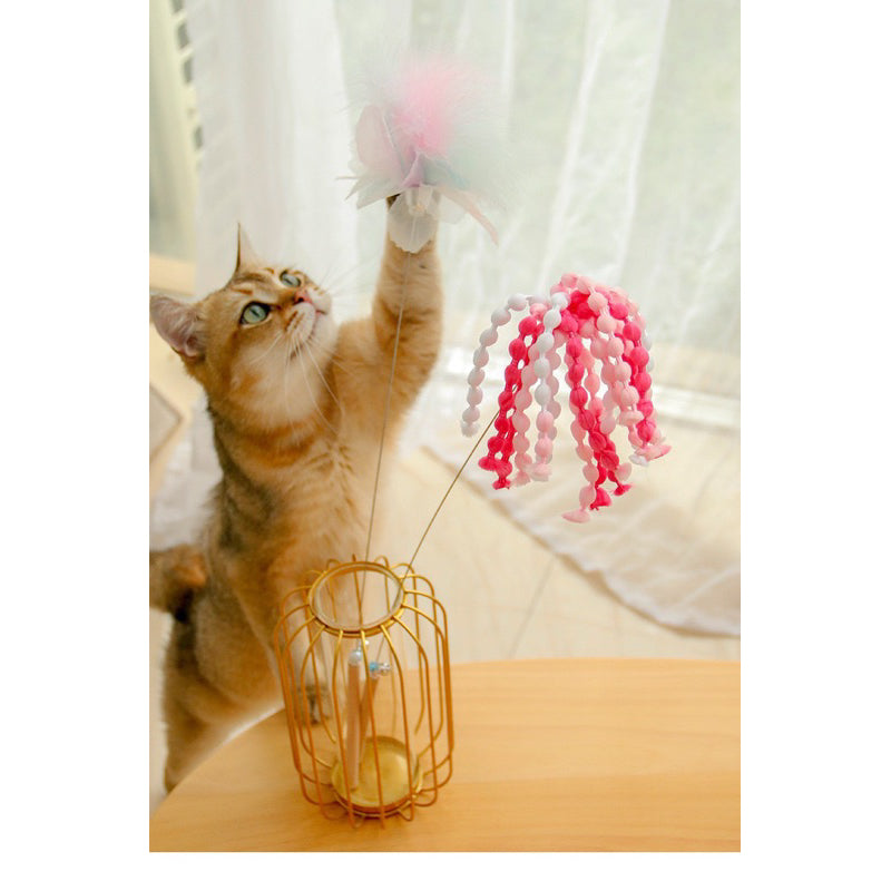 Pink Beads Cat Teaser feather wooden handle Pet Toy Stick Chaser