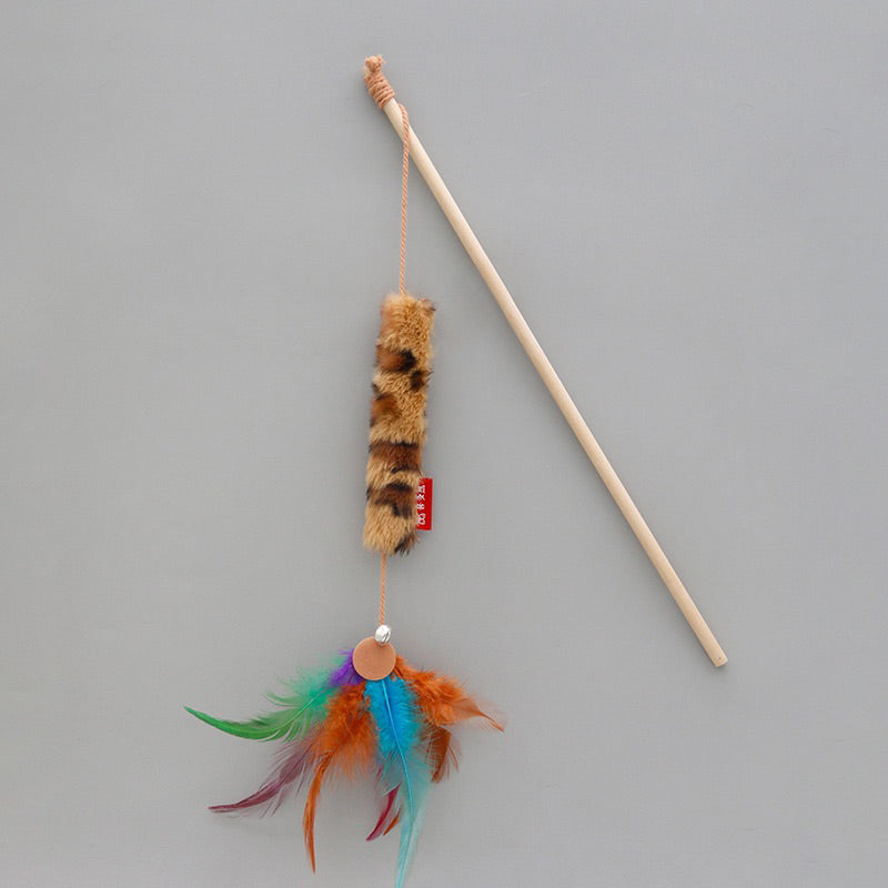 Cat Teaser Fluffy Tail Rope with Feather Pet Toy Wand Stick Wooden Handle