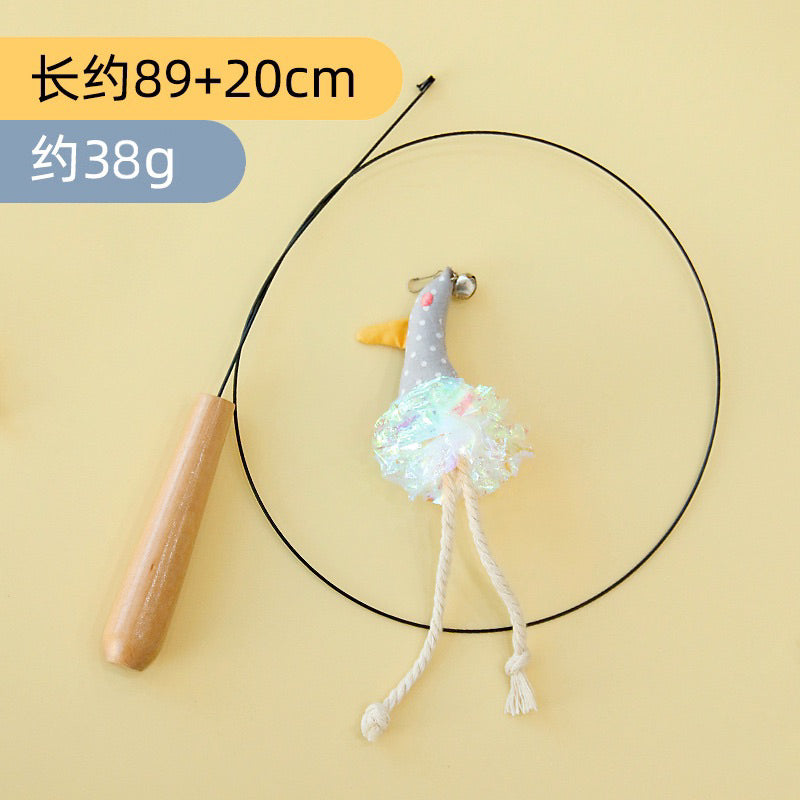 Wooden Handle Steel Wire Cat Teaser with Fur and Bell Pet Toy Stick Wand