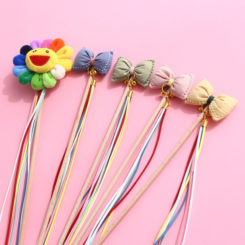 Cat Teaser wand stick chaser hand made wooden bow tie with bell