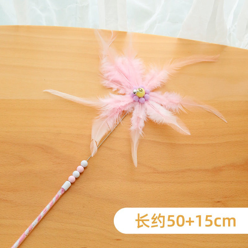Windmill Cat Teaser with Feather and Tassel Pet Toy Stick Wand Chaser