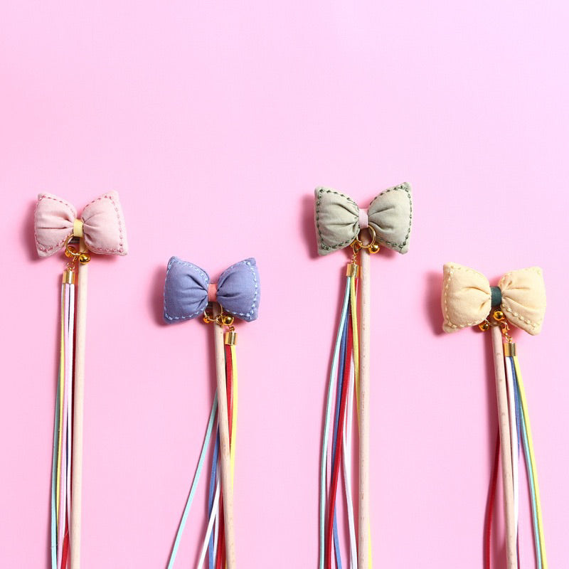 Cat Teaser wand stick chaser hand made wooden bow tie with bell
