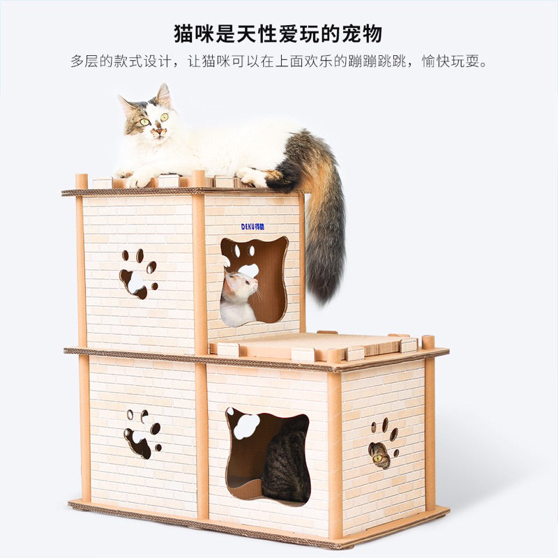 Deku Cardboard Triple Deck Cat House Scratcher Villa Scratch Board Pet Toy