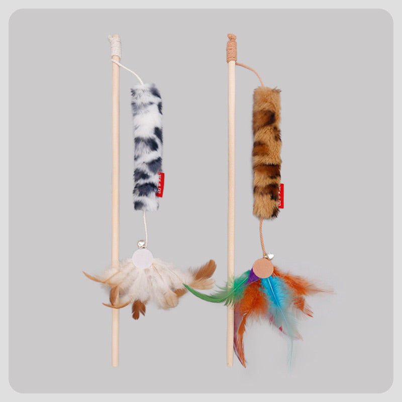Cat Teaser Fluffy Tail Rope with Feather Pet Toy Wand Stick Wooden Handle