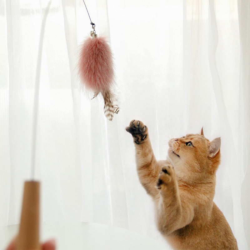Wooden Handle Steel Wire Cat Teaser with Fur and Bell Pet Toy Stick Wand