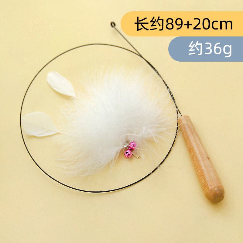Wooden Handle Steel Wire Cat Teaser with Fur and Bell Pet Toy Stick Wand