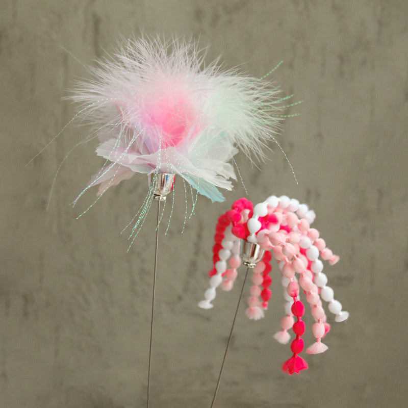 Pink Beads Cat Teaser feather wooden handle Pet Toy Stick Chaser
