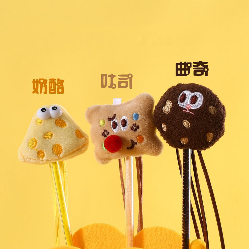 Cheese Cookie Toast Cat Teaser Pet Toy Bitting Chaser Wand Stick