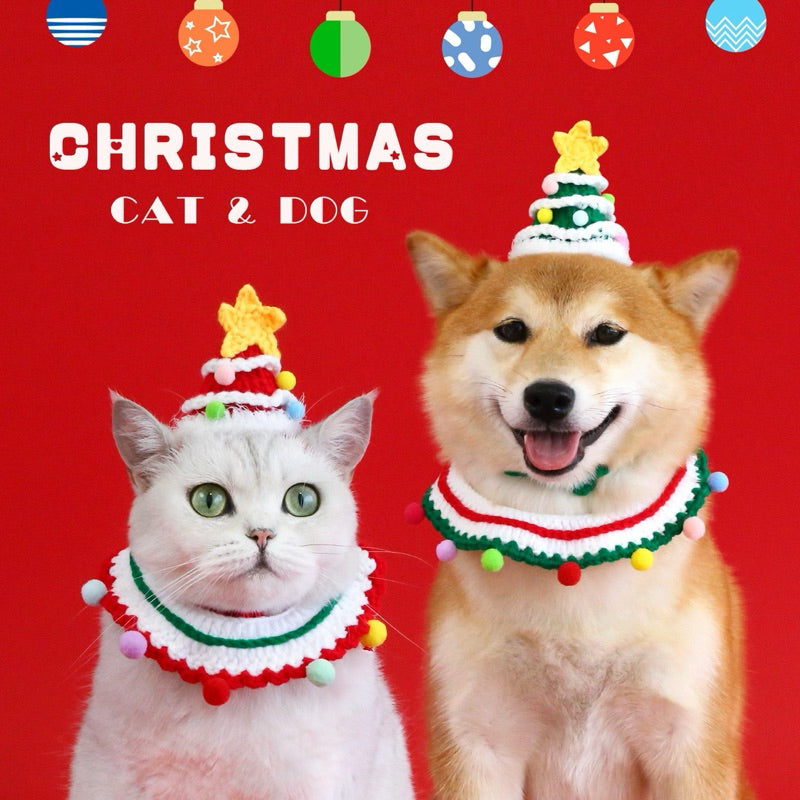 Knit Christmas Hat Collar Set for Pet Cat Dog