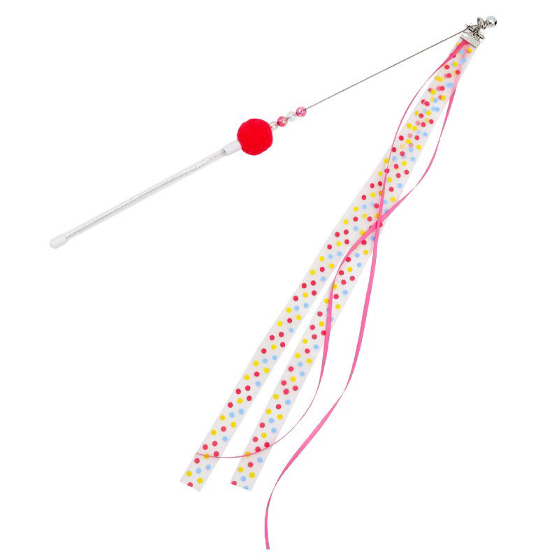 Ribbon Cat Teaser Pet Toy Stick Wand Chaser with bell and fluffy ball