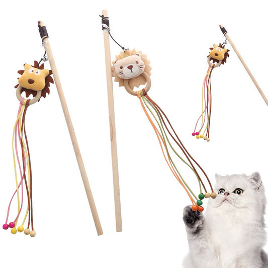 Lion Cat Teaser w Wood Handle Kitten Training Chaser Stick Pet Toy