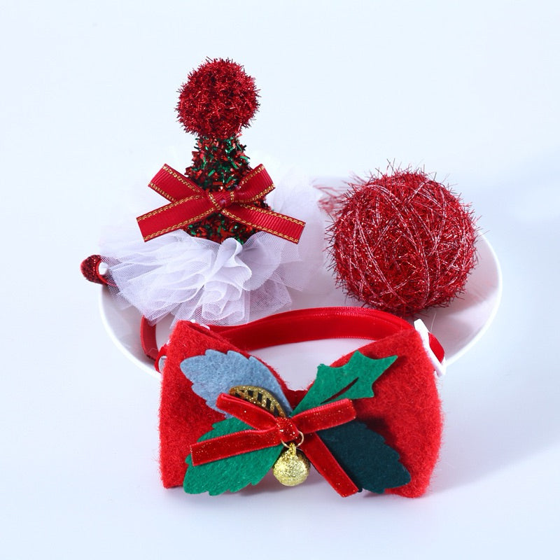 Christmas Gift Set for Cat Chaser Ball Hat Bow tie Collar Pet