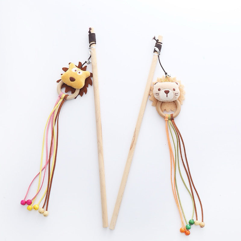Lion Cat Teaser w Wood Handle Kitten Training Chaser Stick Pet Toy