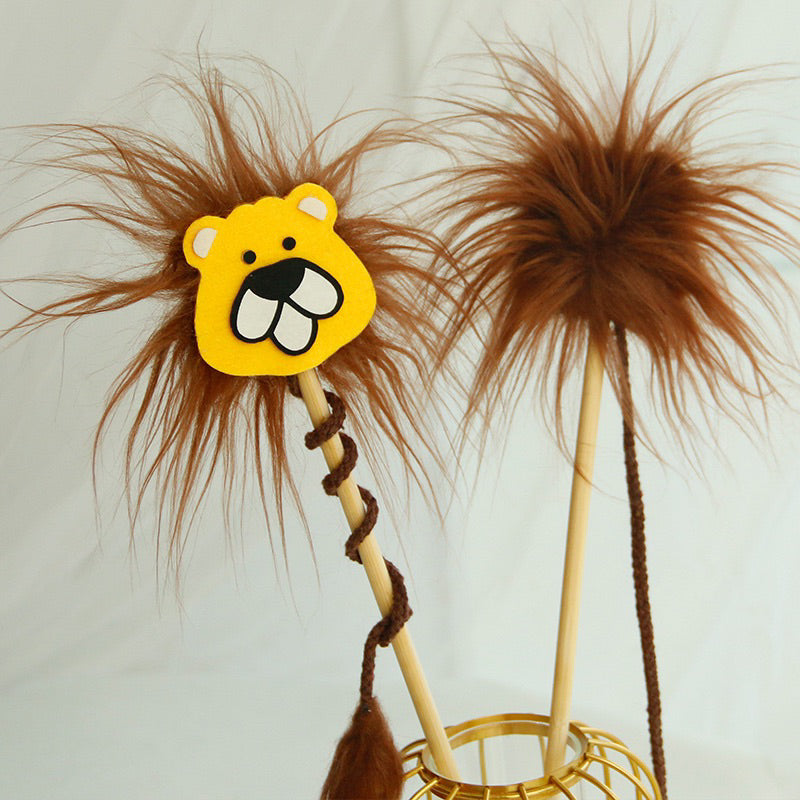 Lion Cat Teaser Pet Toy Wood Handle Stick Wand Chaser