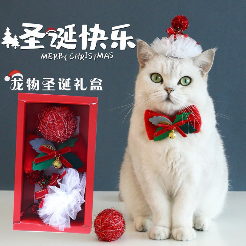 Christmas Gift Set for Cat Chaser Ball Hat Bow tie Collar Pet