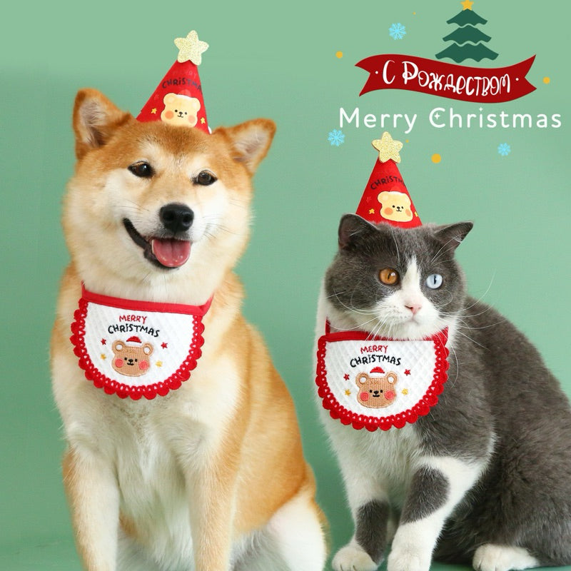 Christmas Napkin Hat Gift Set for Cat Dog Pet Collar Accessories Teddy