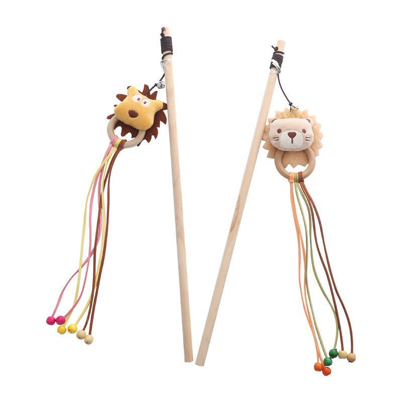 Lion Cat Teaser w Wood Handle Kitten Training Chaser Stick Pet Toy