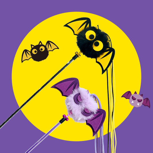 Fluffy Bat Cat Teaser Purple and Black Halloween Pet Toy Chaser