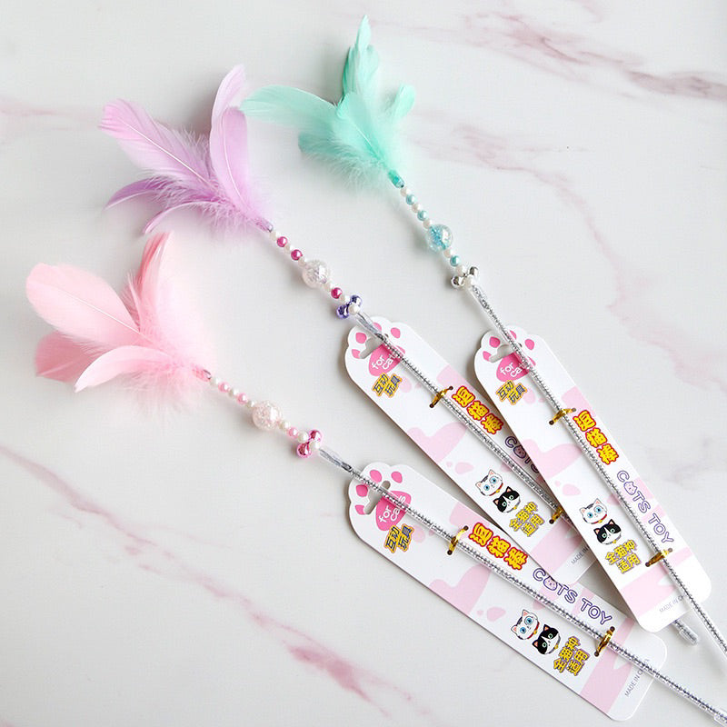 Angel cat teaser 5 colours feather bell with pearl wand stick