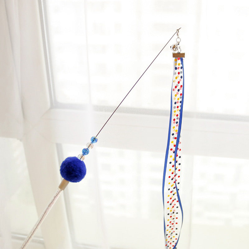 Ribbon Cat Teaser Pet Toy Stick Wand Chaser with bell and fluffy ball