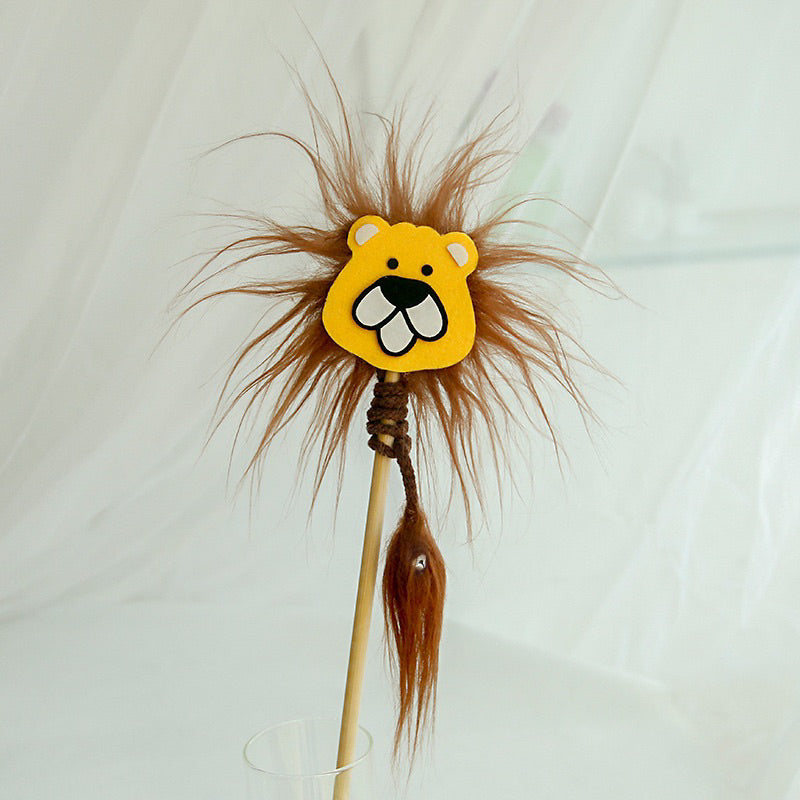 Lion Cat Teaser Pet Toy Wood Handle Stick Wand Chaser