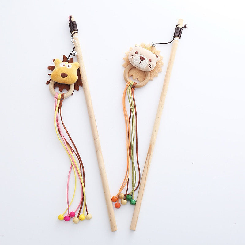 Lion Cat Teaser w Wood Handle Kitten Training Chaser Stick Pet Toy