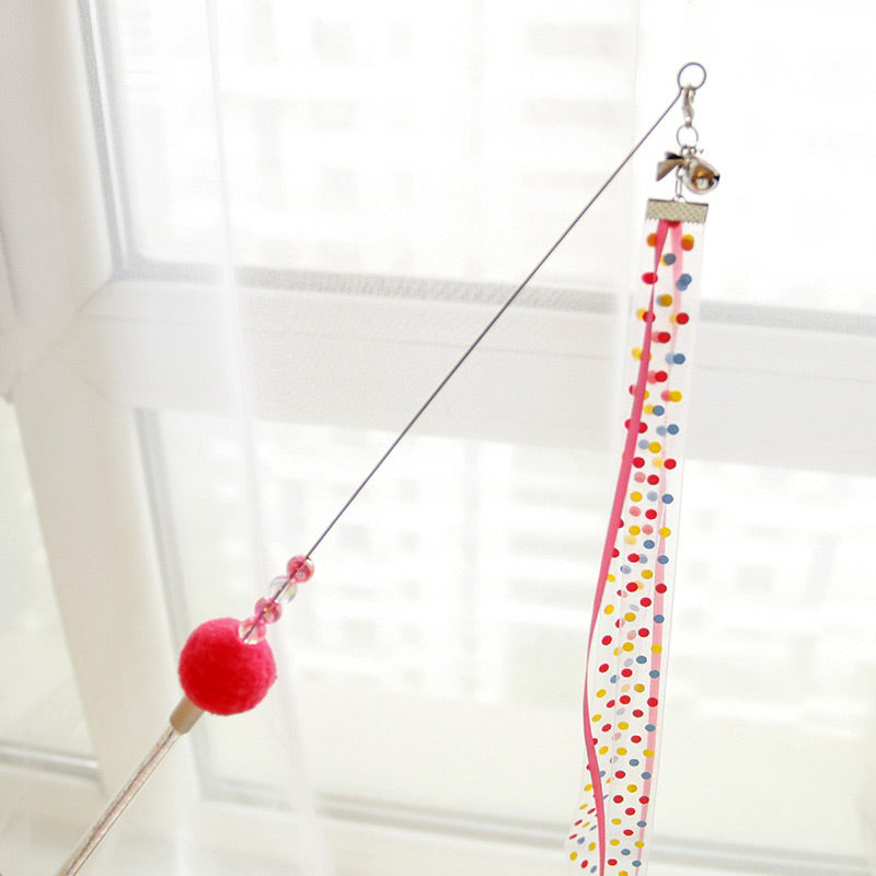 Ribbon Cat Teaser Pet Toy Stick Wand Chaser with bell and fluffy ball