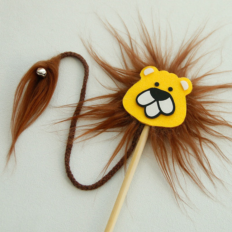 Lion Cat Teaser Pet Toy Wood Handle Stick Wand Chaser