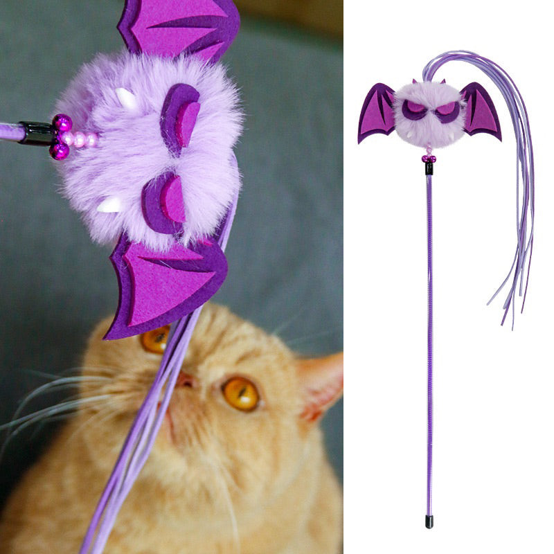 Fluffy Bat Cat Teaser Purple and Black Halloween Pet Toy Chaser