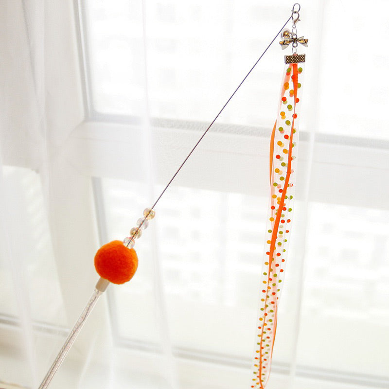 Ribbon Cat Teaser Pet Toy Stick Wand Chaser with bell and fluffy ball