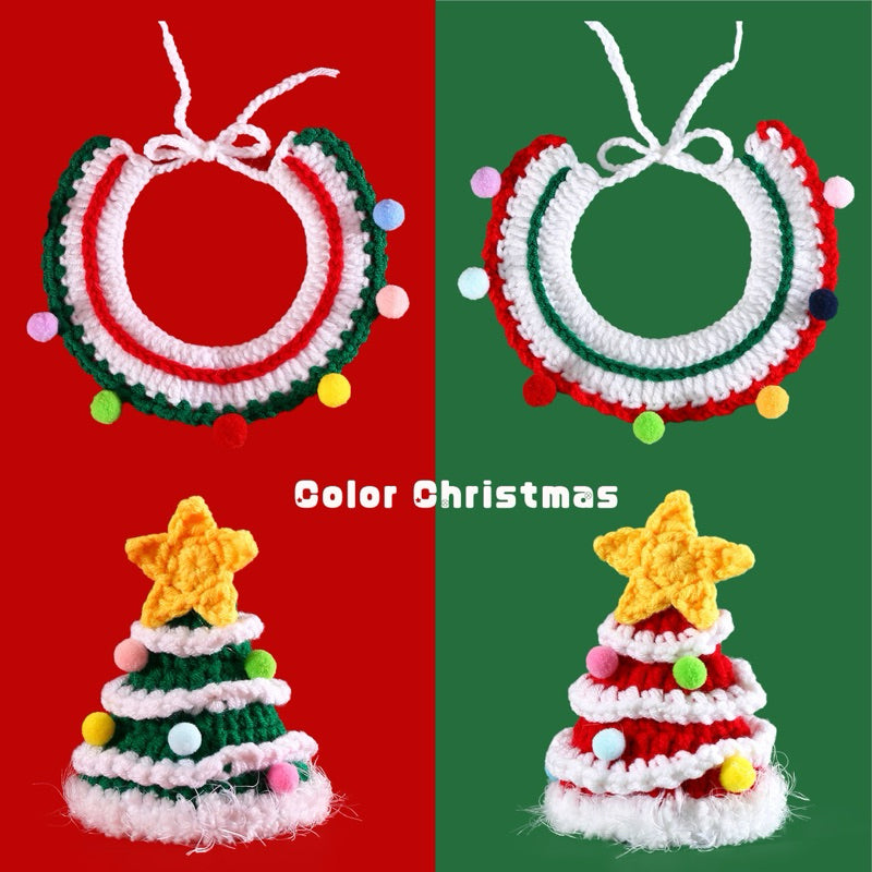 Knit Christmas Hat Collar Set for Pet Cat Dog