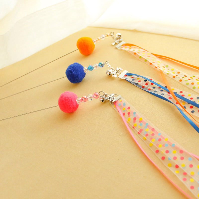 Ribbon Cat Teaser Pet Toy Stick Wand Chaser with bell and fluffy ball