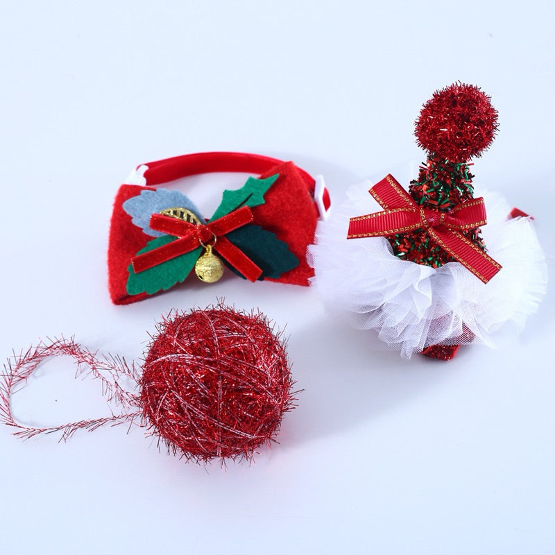Christmas Gift Set for Cat Chaser Ball Hat Bow tie Collar Pet