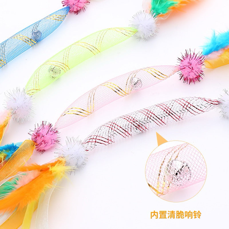 nylon tube cat toy w feather n bell kitten chaser pet play