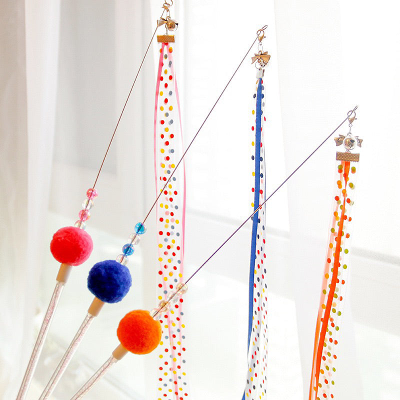 Ribbon Cat Teaser Pet Toy Stick Wand Chaser with bell and fluffy ball