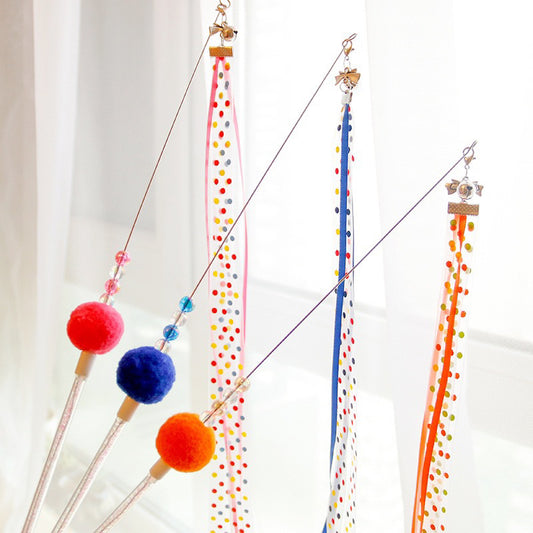 Ribbon Cat Teaser Pet Toy Stick Wand Chaser with bell and fluffy ball