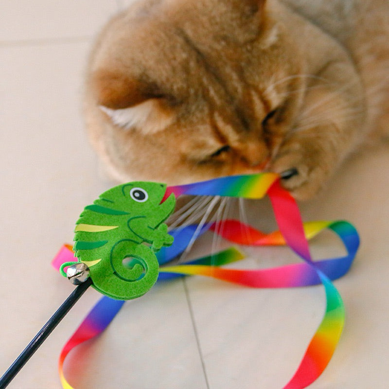 Rainbow Long Cat Teaser Ribbon Wand Pet Toy Stick Chaser