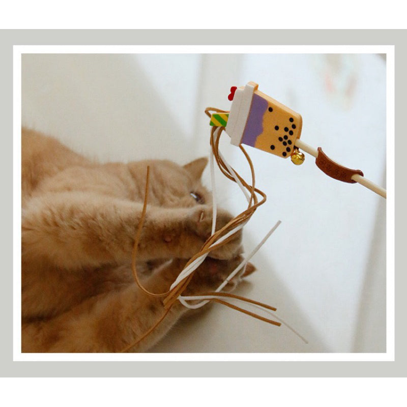 Bubble Tea Felt Cat Teaser Stick Wand Chaser Coffee Beer with Bell