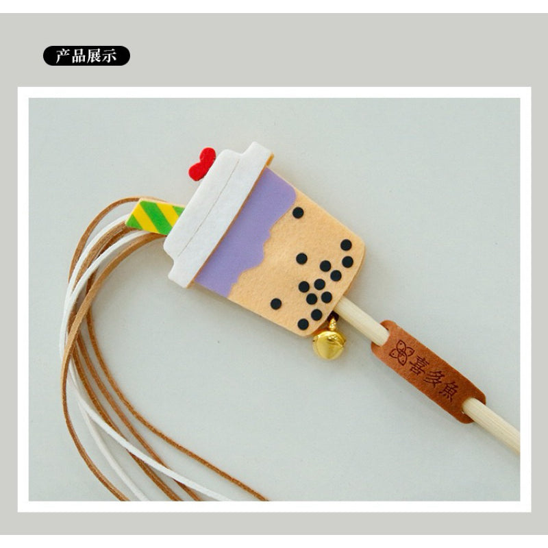Bubble Tea Felt Cat Teaser Stick Wand Chaser Coffee Beer with Bell
