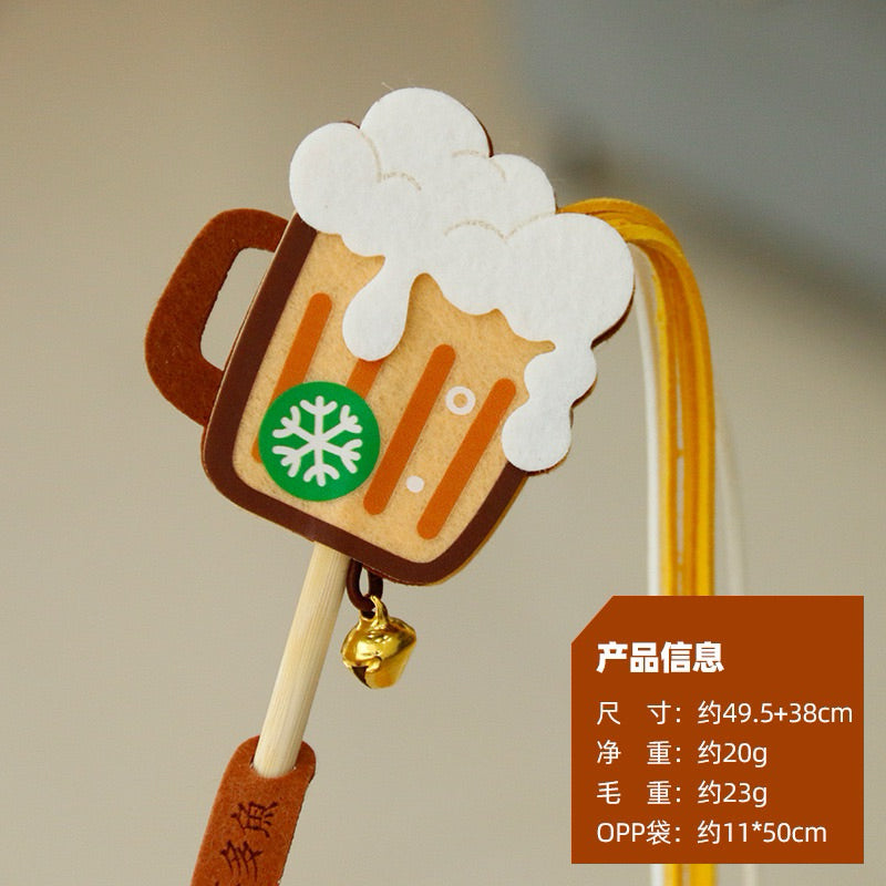 Bubble Tea Felt Cat Teaser Stick Wand Chaser Coffee Beer with Bell