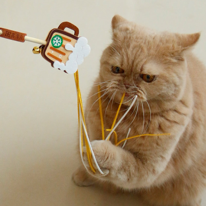 Bubble Tea Felt Cat Teaser Stick Wand Chaser Coffee Beer with Bell