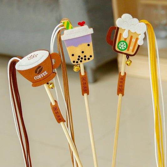 Bubble Tea Felt Cat Teaser Stick Wand Chaser Coffee Beer with Bell