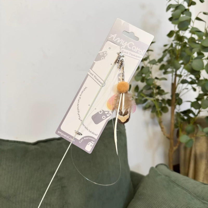 Amy Carol Wooden Handle Fishing Line Cat Teaser – Interactive & Replaceable Feather Toy