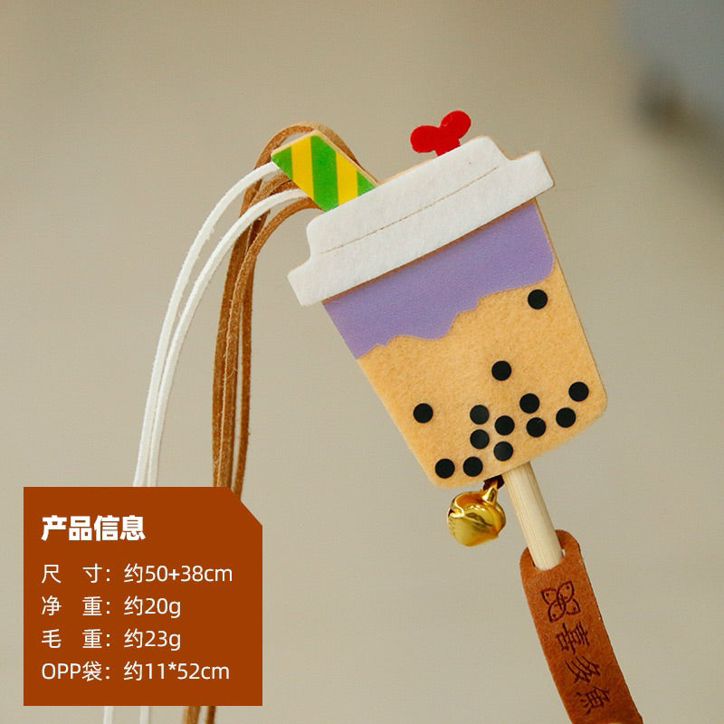 Bubble Tea Felt Cat Teaser Stick Wand Chaser Coffee Beer with Bell